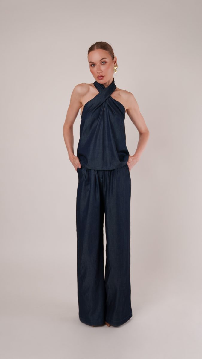 Italian Blue Topweight Viscose Denim Amherst Palazzo Set Free Sewing Pattern Model Photo MDF460 Mood Sewciety Blog