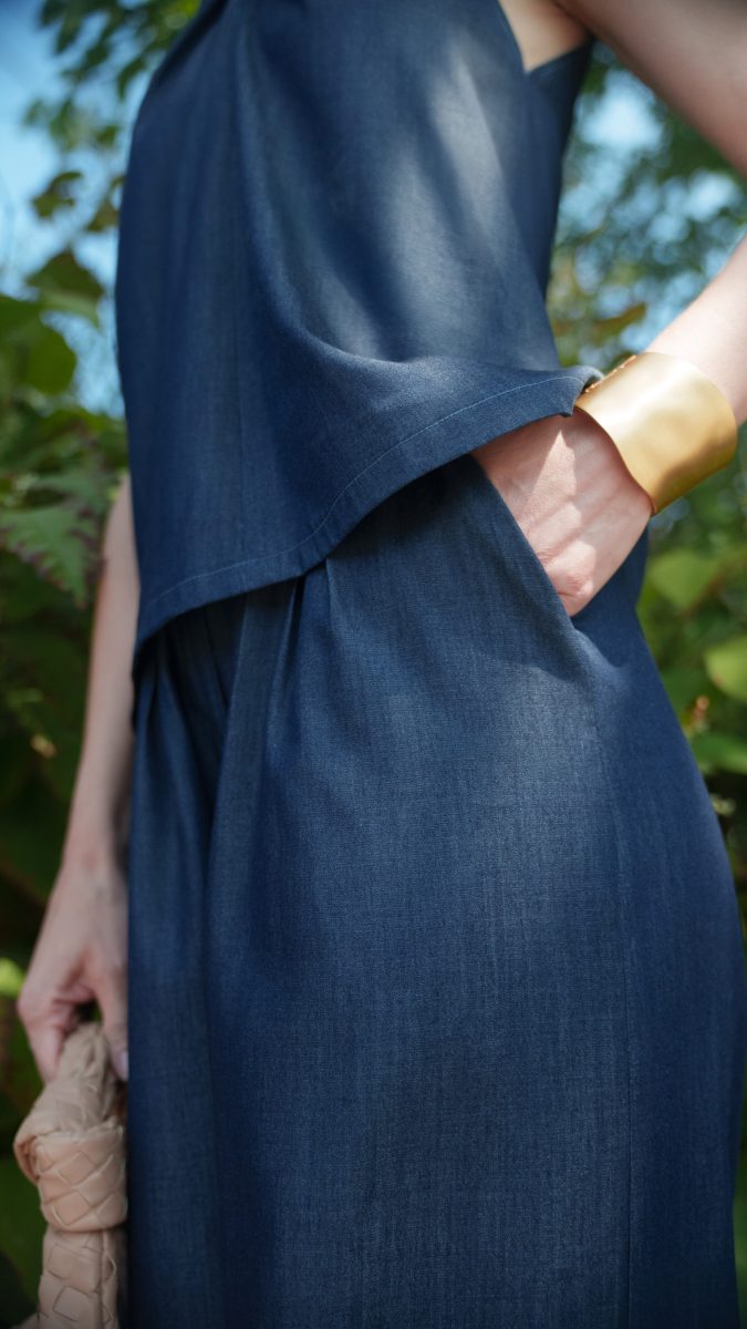 Italian Blue Topweight Viscose Denim Amherst Palazzo Set Free Sewing Pattern Model Photo MDF460 Mood Sewciety Blog