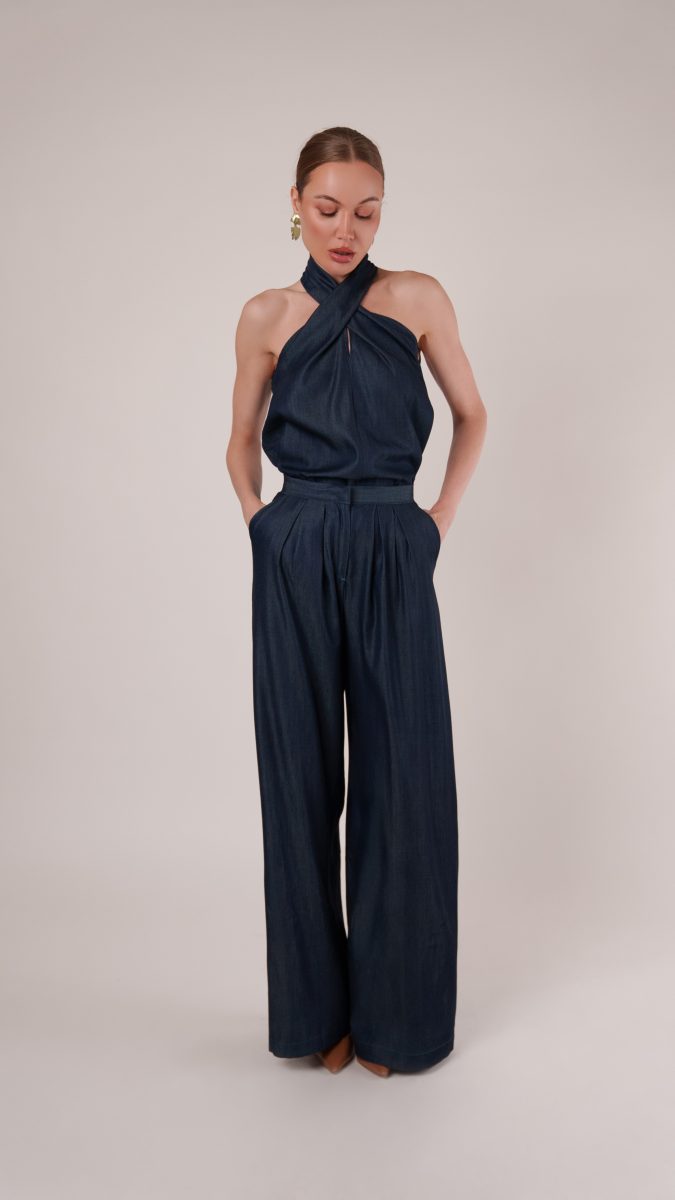 Italian Blue Topweight Viscose Denim Amherst Palazzo Set Free Sewing Pattern Model Photo MDF460 Mood Sewciety Blog