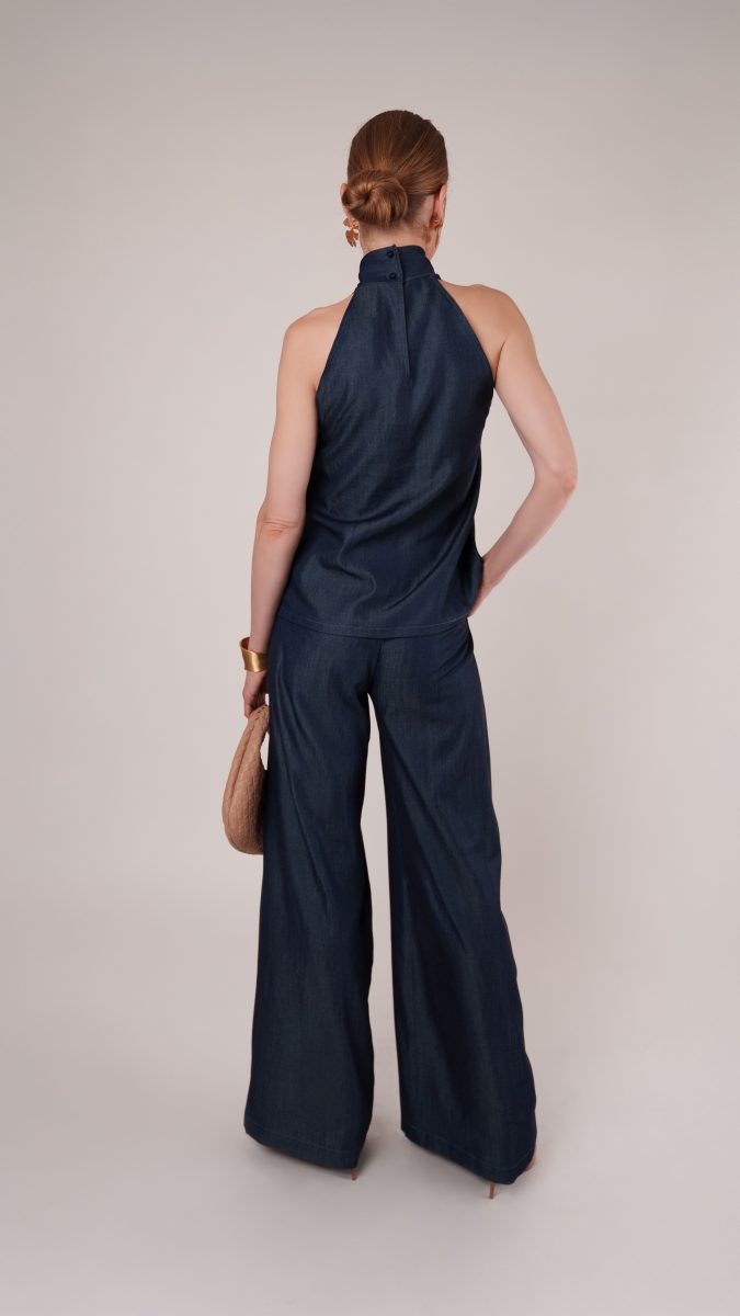 Italian Blue Topweight Viscose Denim Amherst Palazzo Set Free Sewing Pattern Model Photo MDF460 Mood Sewciety Blog