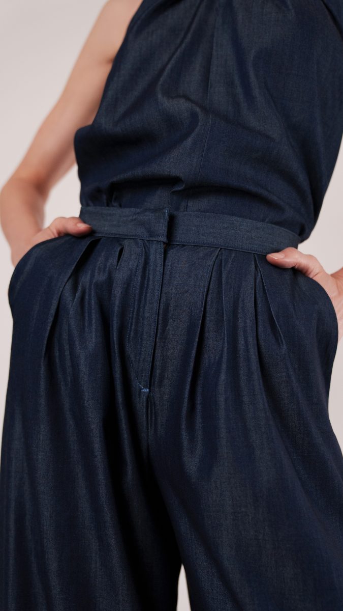 Italian Blue Topweight Viscose Denim Amherst Palazzo Set Free Sewing Pattern Model Photo MDF460 Mood Sewciety Blog