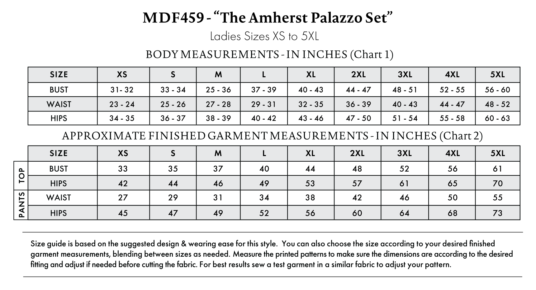 Amherst Palazzo Set Sizing Guide is based on the suggested design & wearing ease for this style. You can also choose the size according to your desired finished garment measurements, blending between sizes as needed. Measure the printed patterns to make sure the dimensions are according to the desired fitting and adjust if needed before cutting the fabric. For best results, sew a test garment in a similar fabric to adjust your pattern.