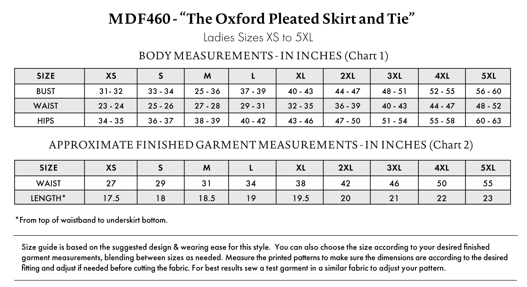 Oxford Pleated Skirt and Tie Free Sewing Pattern - Size Charts - Mood Fabrics Sewciety Blog - Free Sewing Pattern MDF460
