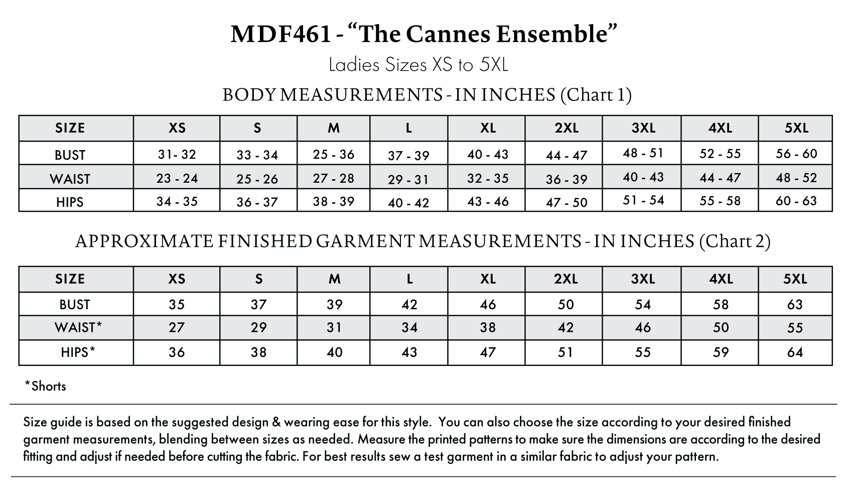 Cannes Ensemble Free Sewing Pattern - Size Charts - Mood Fabrics Sewciety Blog - Free Sewing Pattern MDF461