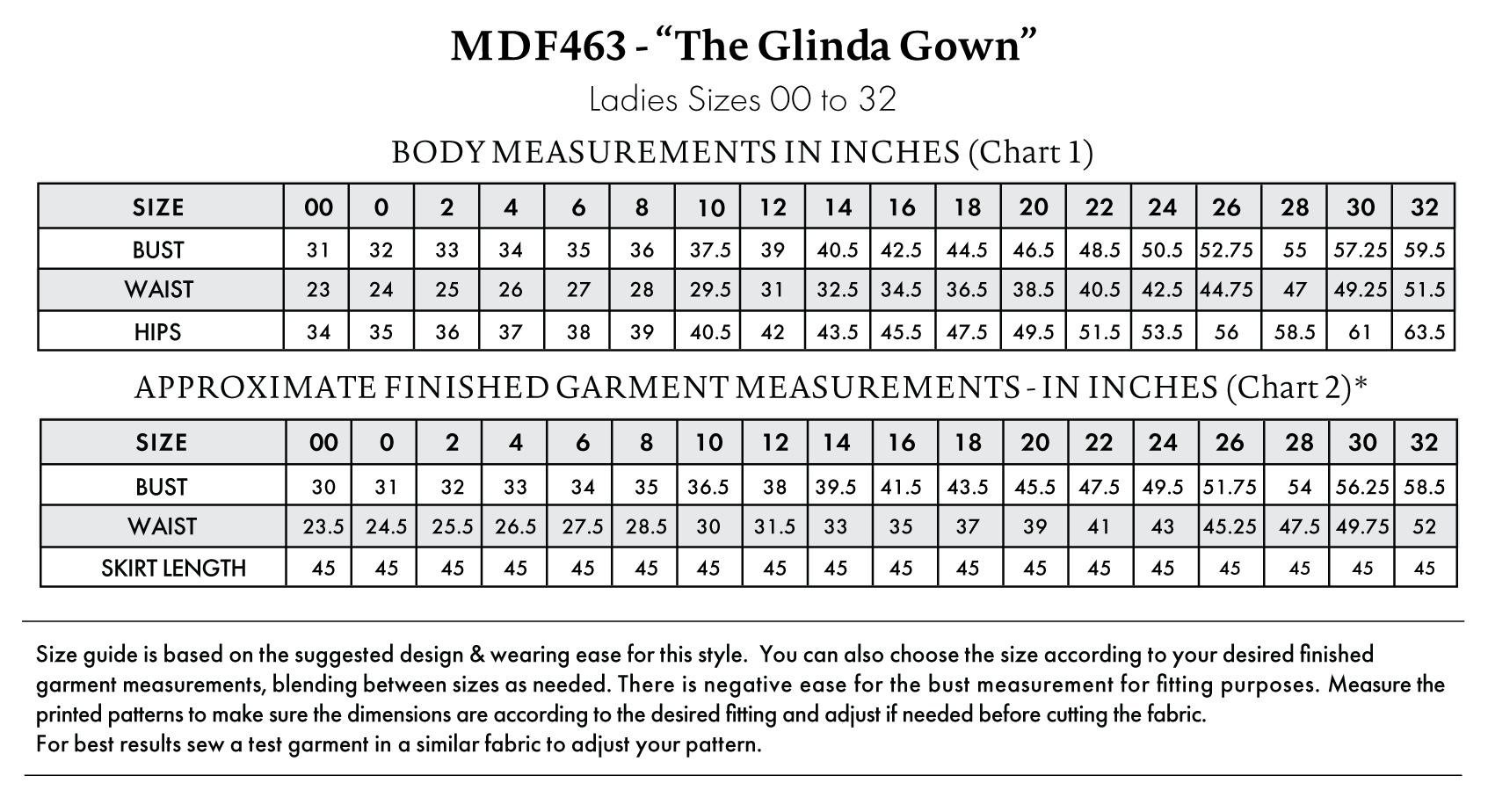 Glinda Gown Free Sewing Pattern - Size Charts - Mood Fabrics Sewciety Blog - Free Sewing Pattern MDF463