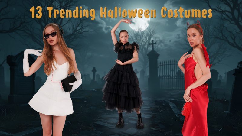 Graphic featuring three women in DIY Halloween costume ideas using free sewing patterns from Mood Fabrics. Left: a white mini dress with gloves and tiara styled as a Princess Diaries costume idea using the Paris Dress sewing pattern. Center: a black layered ruffle gown styled as a Wednesday Addams-inspired Halloween costume using the Roslyn Skirt and Parker Corset. Right: a sleek red satin gown with feathered devil wings styled as a devil costume idea using the Vixen Dress free sewing pattern. Text overlay reads “13 Trending Halloween Costumes.”