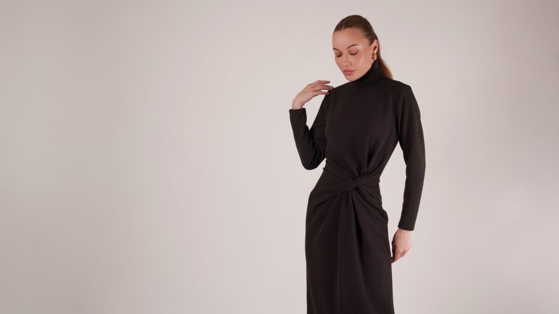 Dark Chocolate Stretch Polyester Crepe Knit Nob Hill Draped Midi Dress Free Sewing Pattern Model Photo MD458 Mood Sewciety Blog