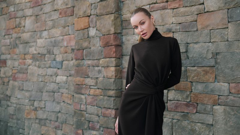 Dark Chocolate Stretch Polyester Crepe Knit Nob Hill Draped Midi Dress Free Sewing Pattern Model Photo MD458 Mood Sewciety Blog