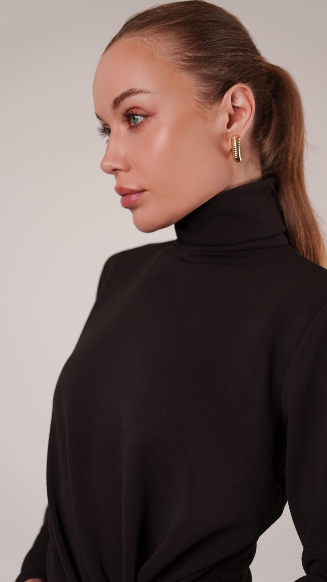 Dark Chocolate Stretch Polyester Crepe Knit Nob Hill Draped Midi Dress Free Sewing Pattern Model Photo MD458 Mood Sewciety Blog