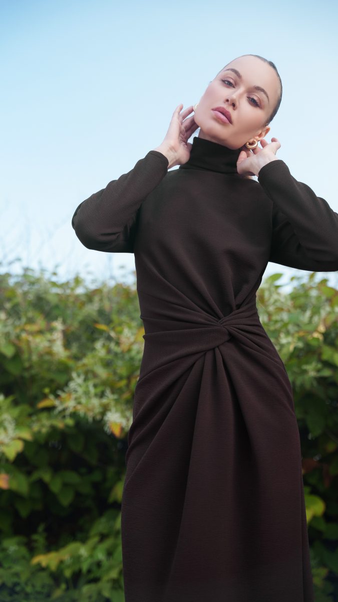 Dark Chocolate Stretch Polyester Crepe Knit Nob Hill Draped Midi Dress Free Sewing Pattern Model Photo MD458 Mood Sewciety Blog