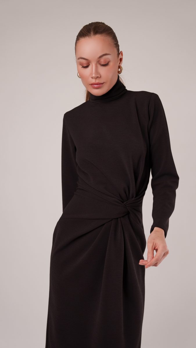 Dark Chocolate Stretch Polyester Crepe Knit Nob Hill Draped Midi Dress Free Sewing Pattern Model Photo MD458 Mood Sewciety Blog
