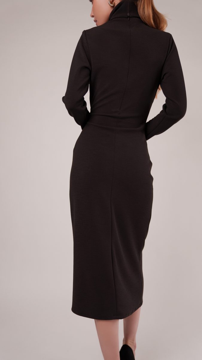 Dark Chocolate Stretch Polyester Crepe Knit Nob Hill Draped Midi Dress Free Sewing Pattern Model Photo MD458 Mood Sewciety Blog