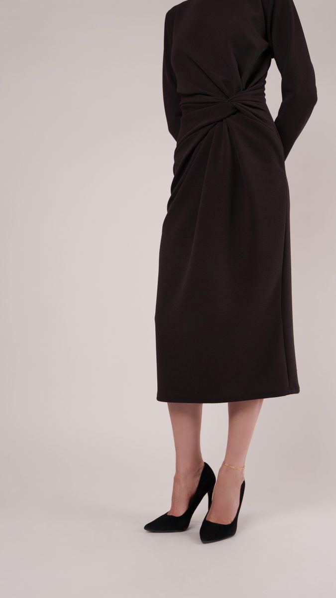 Dark Chocolate Stretch Polyester Crepe Knit Nob Hill Draped Midi Dress Free Sewing Pattern Model Photo MD458 Mood Sewciety Blog
