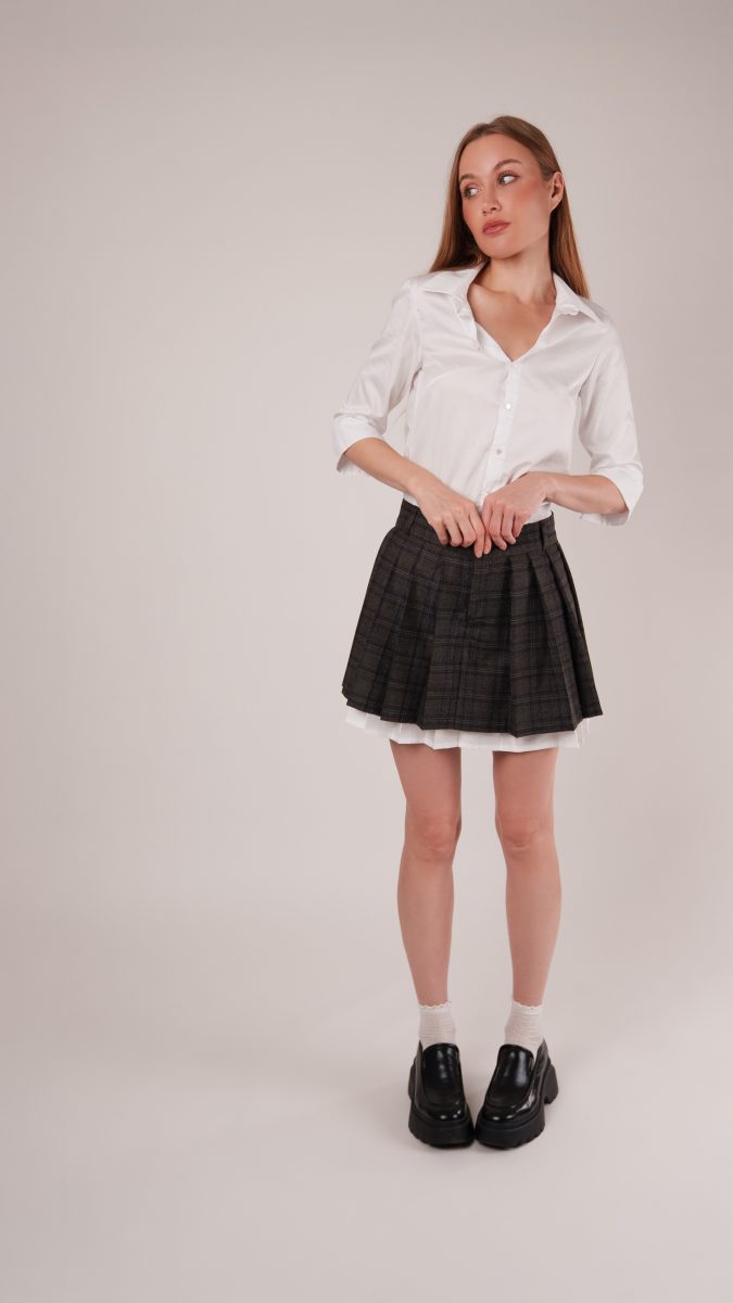 Oxford Pleated Skirt and Tie Free Sewing Pattern - Model Photos - Mood Fabrics Sewciety Blog - Free Sewing Pattern MDF460