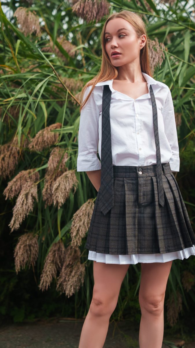 Oxford Pleated Skirt and Tie Free Sewing Pattern - Model Photos - Mood Fabrics Sewciety Blog - Free Sewing Pattern MDF460