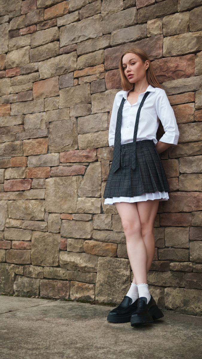 Oxford Pleated Skirt and Tie Free Sewing Pattern - Model Photos - Mood Fabrics Sewciety Blog - Free Sewing Pattern MDF460