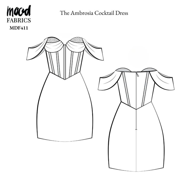 Technical Drawing of Ambrosia Cocktail Dress sewing pattern featuring a detailed sketch of the garment with a sweetheart neckline, fitted bodice, and mini-length skirt.