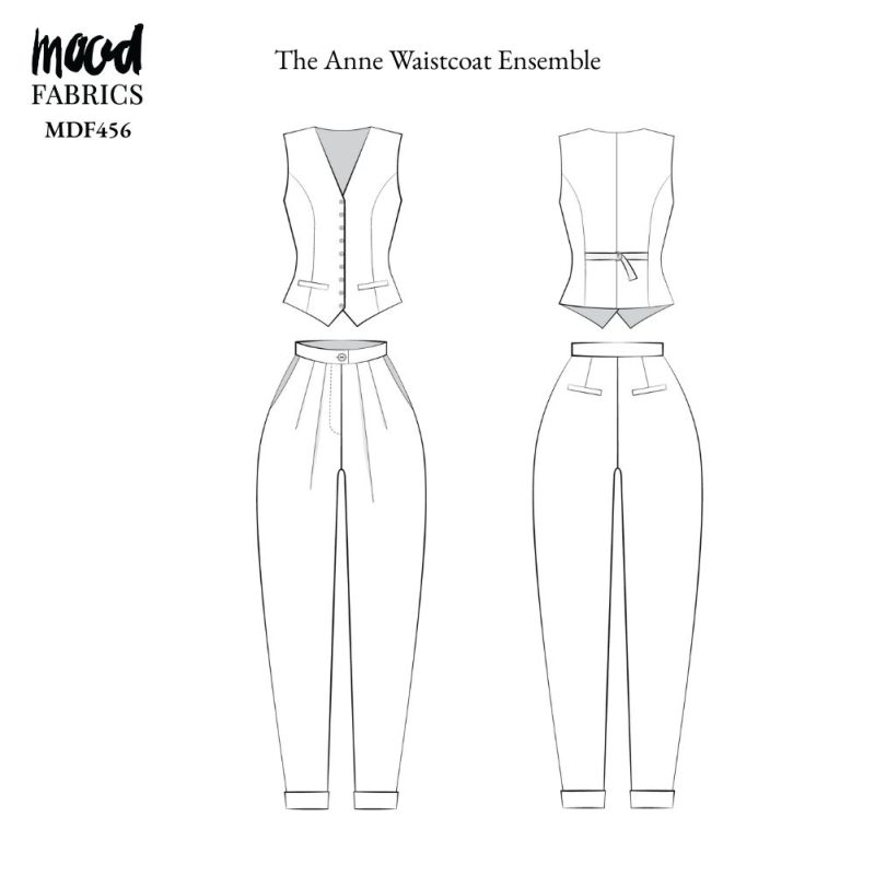 a detailed sketch of the garment with a tailored vest, defined waist, and slim straight-leg trousers.