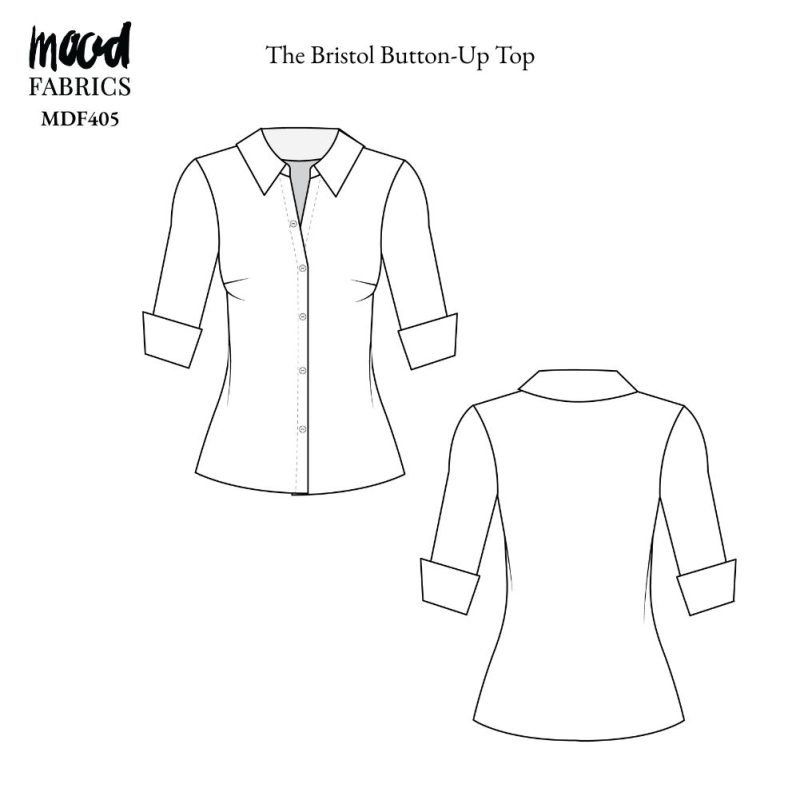 Technical Drawing of Bristol Button-Up sewing pattern featuring a detailed sketch of the garment with a collared neckline, button-down front, and tailored fit.
