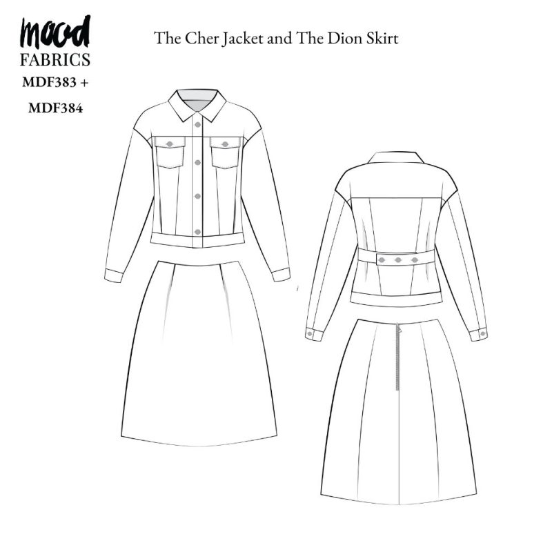 Technical Drawing of Cher Jacket sewing pattern featuring a detailed sketch of the garment with a tailored, cropped silhouette and structured shoulders. Technical Drawing of Dion Skirt sewing pattern featuring a detailed sketch of the garment with a high waistband and pleated mini skirt.