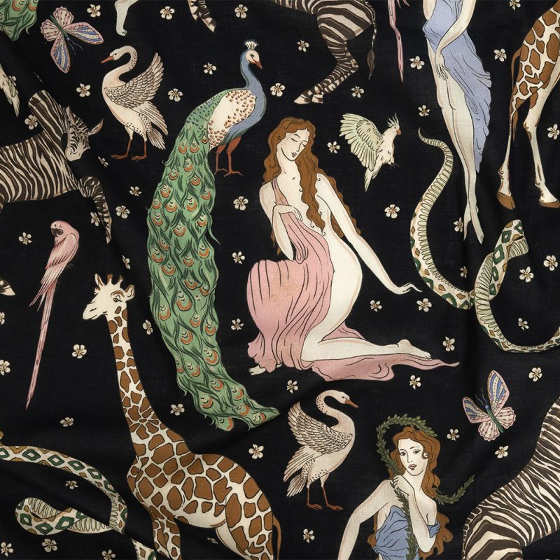 Material for sewing very own Halloween costume ideas. Cotton Voile Print Black Animals and People Mood Exclusive Elysian Menagerie Fashion Fabric Material for Kiri Dress free sewing pattern costume ideas. Shop Mood Fabrics for your halloween costume making supplies.