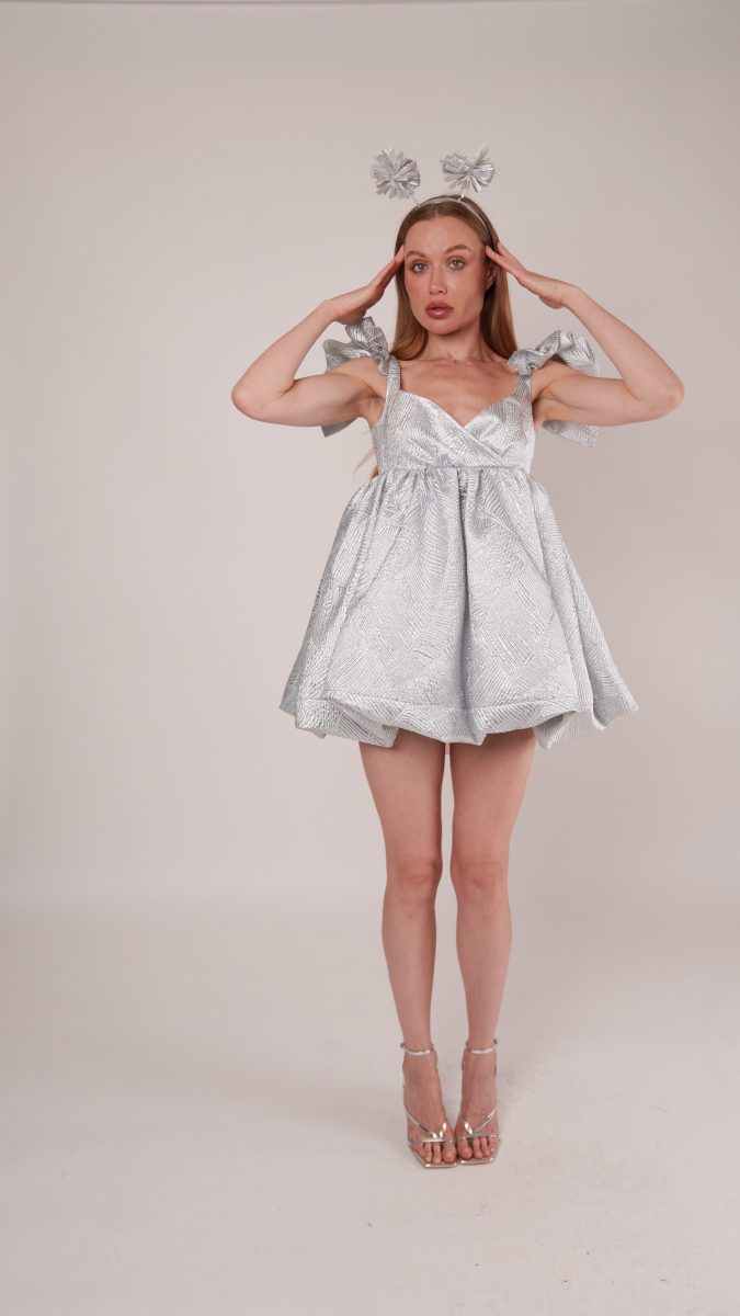 Full view of Dreamline Babydoll Dress transformed into Alien costume with shiny metallic finish, dramatic skirt, and cosmic accessories.