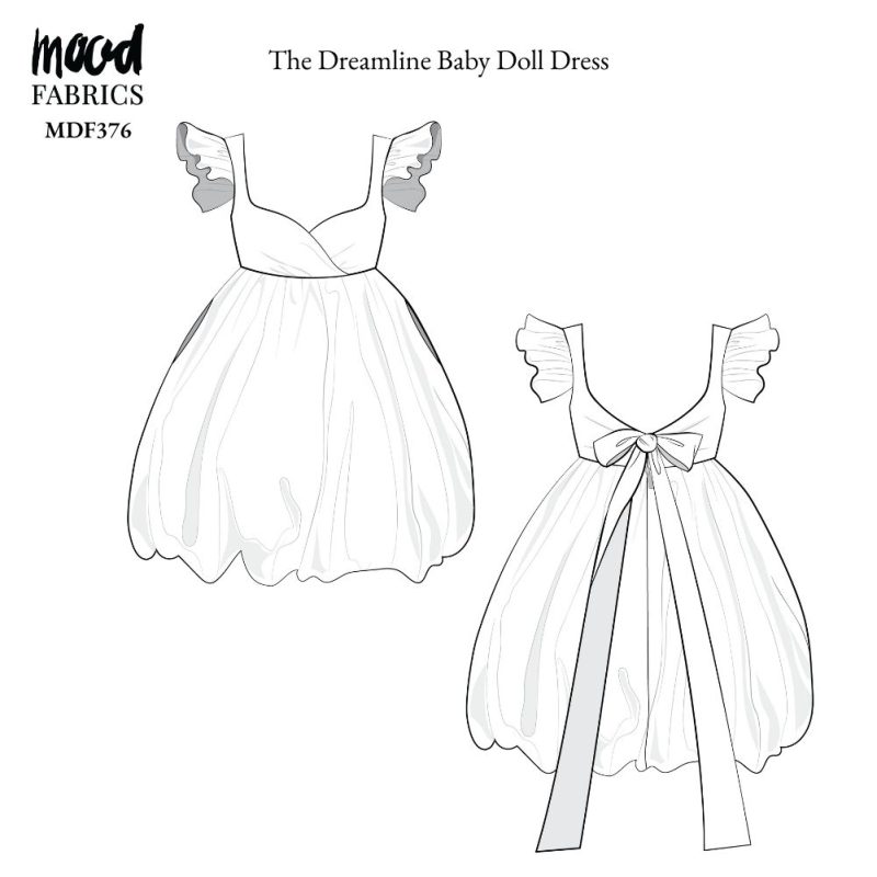 Technical Drawing of Dreamline Baby Doll Dress sewing pattern featuring a detailed sketch of the garment with wide straps, an empire waistline, and a flared mini skirt.