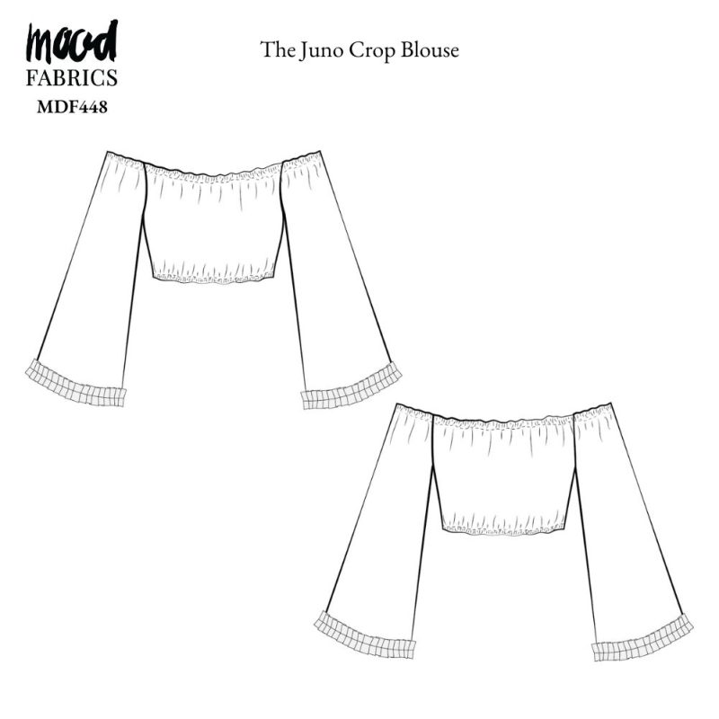 Technical Drawing of Juno Crop Blouse sewing pattern featuring a detailed sketch of the garment with puff sleeves, a gathered bodice, and cropped hemline.