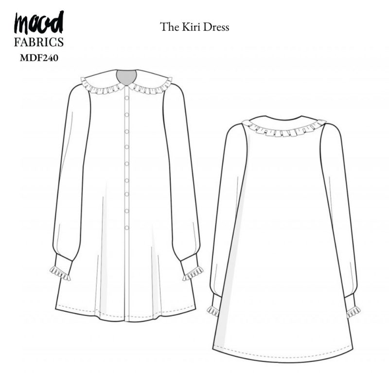 Technical Drawing of Kiri Dress sewing pattern featuring a detailed sketch of the garment with a long sleeve bodice, fitted waist, and short flared skirt.