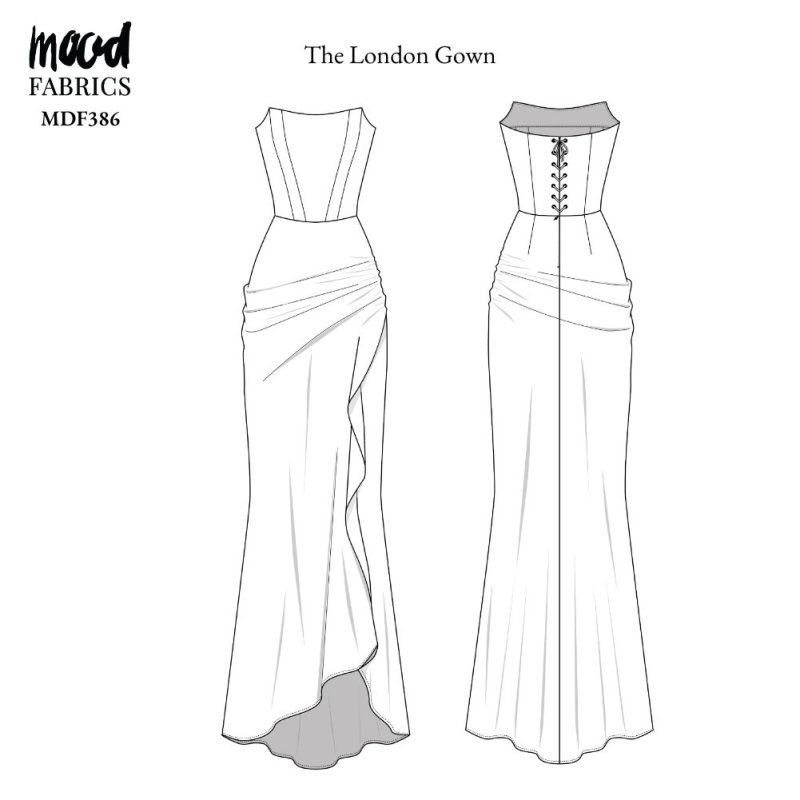 Technical Drawing of London Gown sewing pattern featuring a detailed sketch of the garment with a strapless fitted bodice and a straight floor-length hemline.