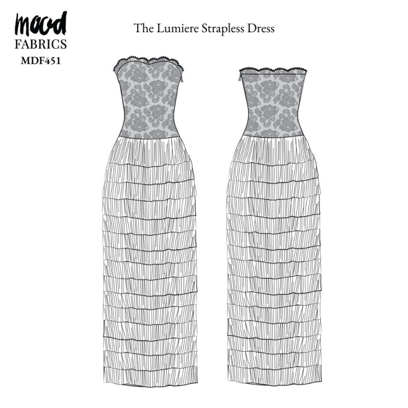 Technical Drawing of Lumiere Strapless Dress sewing pattern featuring a detailed sketch of the garment with a straight strapless neckline and a tiered fringe skirt.