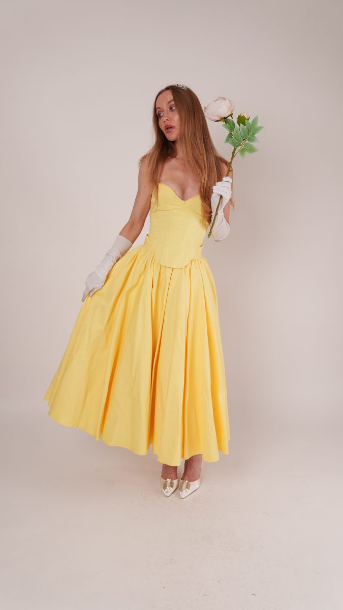 Full view of the Madison Tea Length Dress styled as a Belle-inspired costume. The gown’s voluminous skirt spreads gracefully as the model holds a rose and poses with one hand at her side. White gloves, tiara, and crystal-embellished heels complete the regal look.