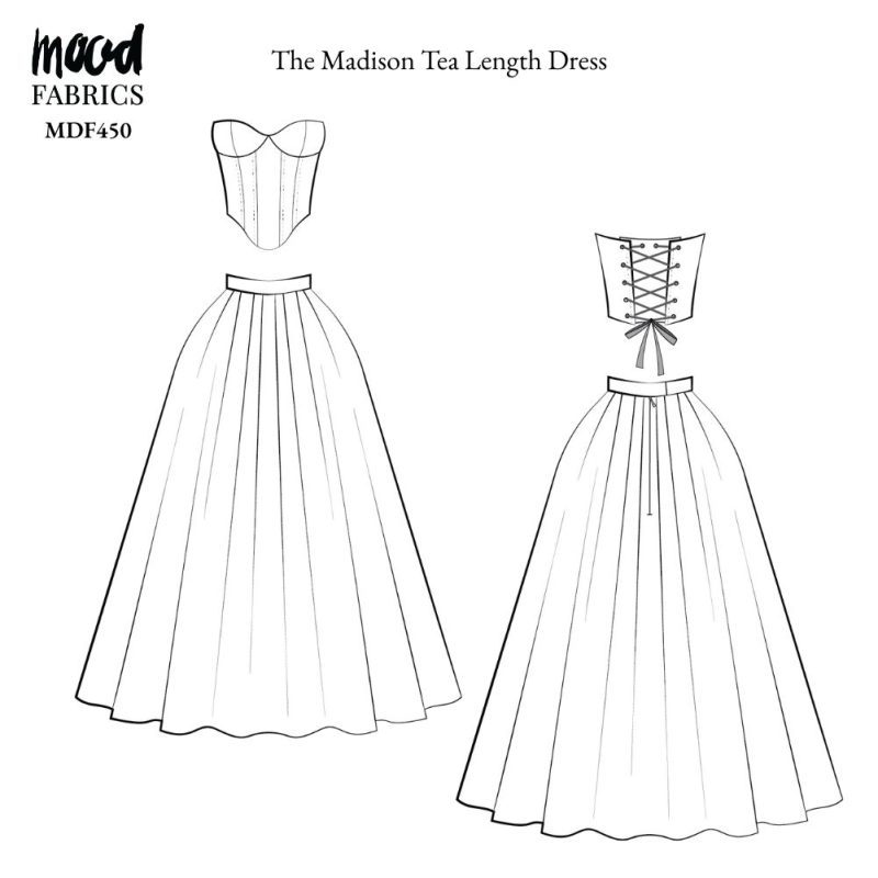 Technical Drawing of Madison Tea Length Dress sewing pattern featuring a detailed sketch of the garment with a strapless corset-style bodice and a full tea-length skirt.