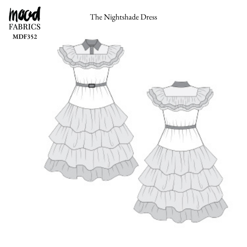 a detailed sketch of the garment with puff sleeves, a fitted waist, and a tiered midi-length skirt.