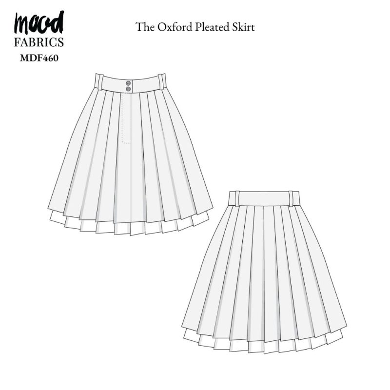 Technical Drawing of Oxford Pleated Skirt and Tie sewing pattern featuring a detailed sketch of the garment with a pleated mini skirt and fitted waistband.