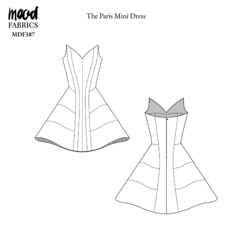 Technical Drawing of Paris Mini Dress sewing pattern featuring a detailed sketch of the garment with a sweetheart neckline, defined waist, and mini-skirt hemline.