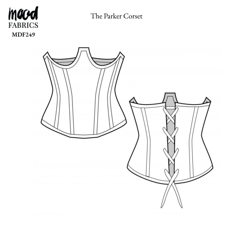 Technical Drawing of Parker Corset sewing pattern featuring a detailed sketch of the garment with a structured strapless bodice and fitted waistline.