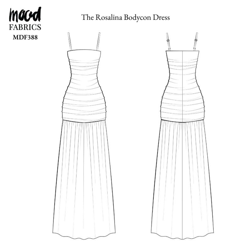 Technical Drawing of Rosalina Bodycon Dress sewing pattern featuring a detailed sketch of the garment with a strapless fitted bodice and a ruched floor-length skirt.
