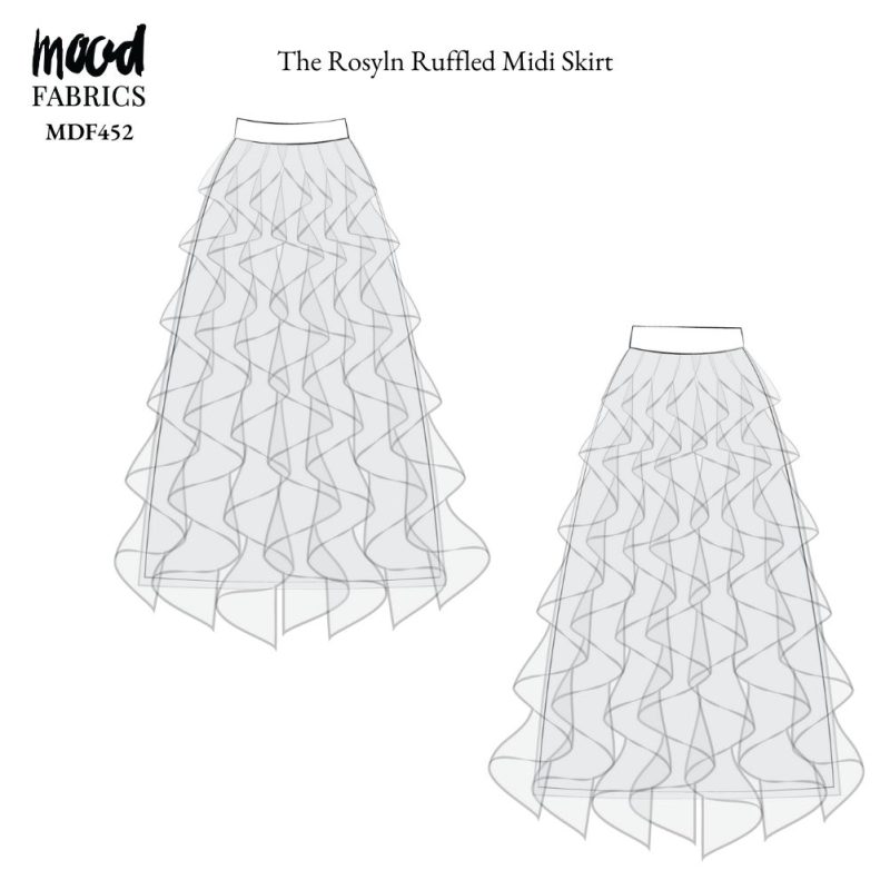 Technical Drawing of Roslyn Ruffled Midi Skirt sewing pattern featuring a detailed sketch of the garment with a high waistline and layered cascading ruffles.