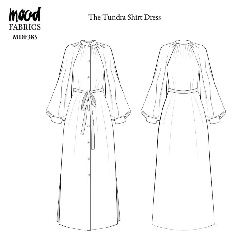 Technical Drawing of Tundra Shirt Dress sewing pattern featuring a detailed sketch of the garment with long billowing sleeves, button front, and a high-low hemline.