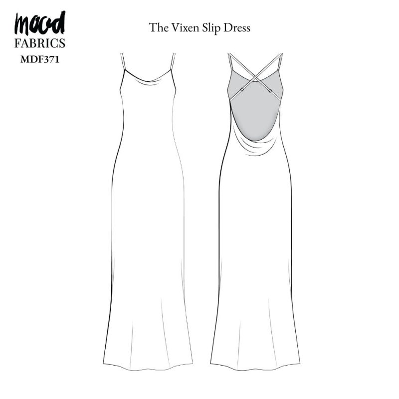 Technical Drawing of Vixen Slip Dress sewing pattern featuring a detailed sketch of the garment with thin straps, a bias-cut silhouette, and a floor-length hemline.