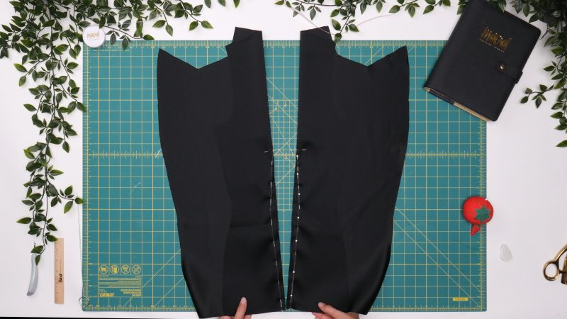 How To Pin Sew Front Shell Darts - - Mood Fabrics - Nolita Vest and Skirt Set Free Sewing Pattern Tutorial - MDF466 MDF467 - Mood Fabrics Sewciety Blog - Pin and sew darts on front shell pieces.