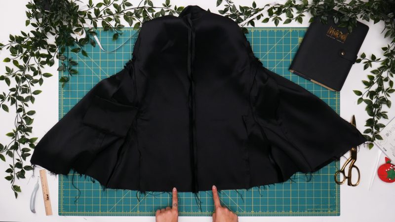 Nolita Vest and Skirt Set Free Sewing Pattern Tutorial - MDF466 MDF467 - Mood Fabrics Sewciety Blog - How To Pin Sew Bottom Hem - - Pin and sew the bottom hem of the vest, leaving a gap to flip it right sides out.