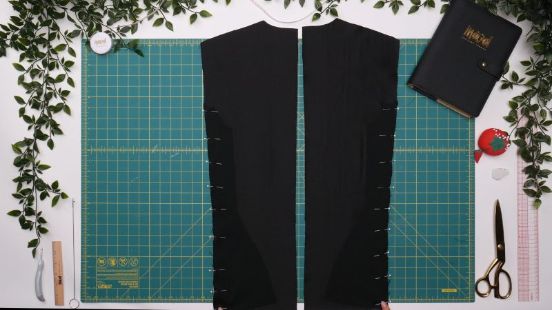 How To Pin Sew Back Lining Sides - - Mood Fabrics - Nolita Vest and Skirt Set Free Sewing Pattern Tutorial - MDF466 MDF467 - Mood Fabrics Sewciety Blog - Pin and sew back side lining pieces to back center lining pieces.