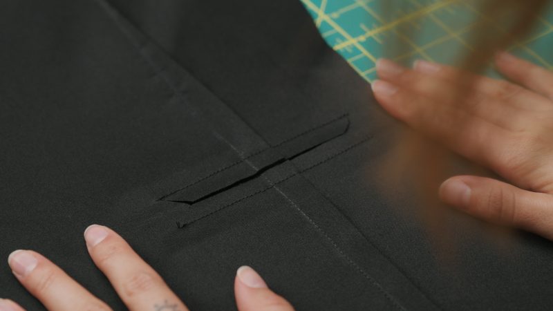How To Cut Welt Opening - - Mood Fabrics - Nolita Vest and Skirt Set Free Sewing Pattern Tutorial - MDF466 MDF467 - Mood Fabrics Sewciety Blog - Cut along the lines in the photo to create the welt opening.