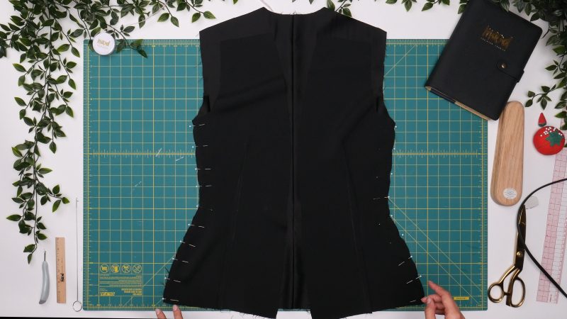 How To Pin Sew Lining Side Shoulder Seams - - Mood Fabrics - Nolita Vest and Skirt Set Free Sewing Pattern Tutorial - MDF466 MDF467 - Mood Fabrics Sewciety Blog - Pin and sew side and shoulder seams, right sides together.