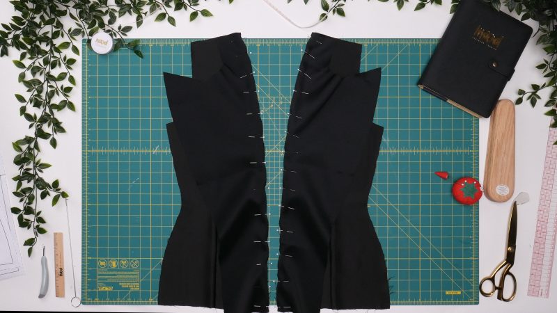 How To Pin Sew Front Facing - - Mood Fabrics - Nolita Vest and Skirt Set Free Sewing Pattern Tutorial - MDF466 MDF467 - Mood Fabrics Sewciety Blog - Pin and sew vest front lining to vest front facing.