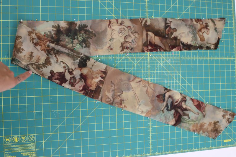 How To Pin Sew Neck Tie - Silk Organza - Mood Fabrics - Firenze Blouse Trousers Free Sewing Pattern Tutorial - MDF464 - Mood Fabrics Sewciety Blog - Pin and sew the two necktie pieces together, leaving an opening for the neckline.