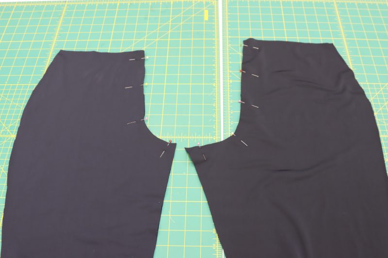 How To Pin Sew Crotch Seams - Stretch Velour - Mood Fabrics - Tarrytown Tracksuit Free Sewing Pattern Tutorial - MDF471 - Mood Fabrics Sewciety Blog - Pin and sew the front and back crotch seams.