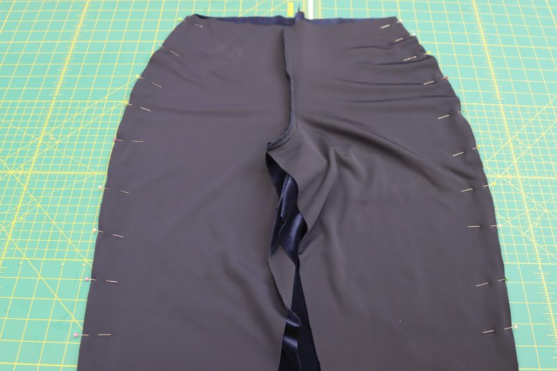 How To Pin Sew Side Seams - Stretch Velour - Mood Fabrics - Tarrytown Tracksuit Free Sewing Pattern Tutorial - MDF471 - Mood Fabrics Sewciety Blog - Pin and sew the side seams, right sides together.